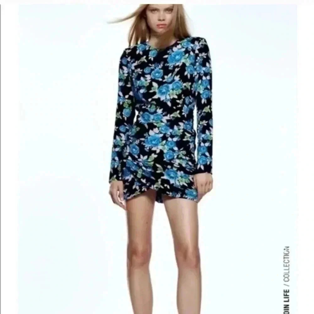 ZARA | Black/Blue Foral Ruched Open Back Midi Dress Size XS